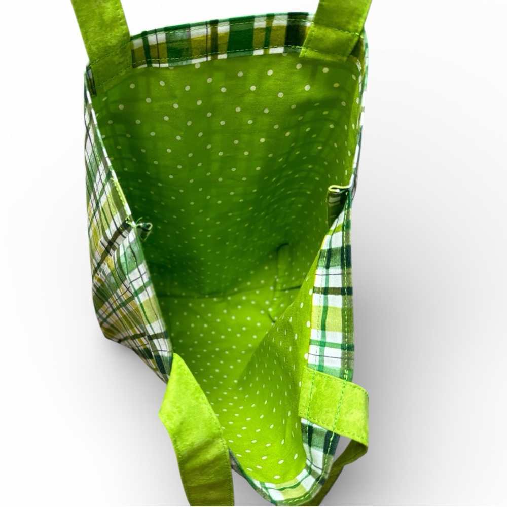 Hand Crafted Green Plaid Tote Bag with Green Polka Dots Liner Inside - Picture 3 of 8